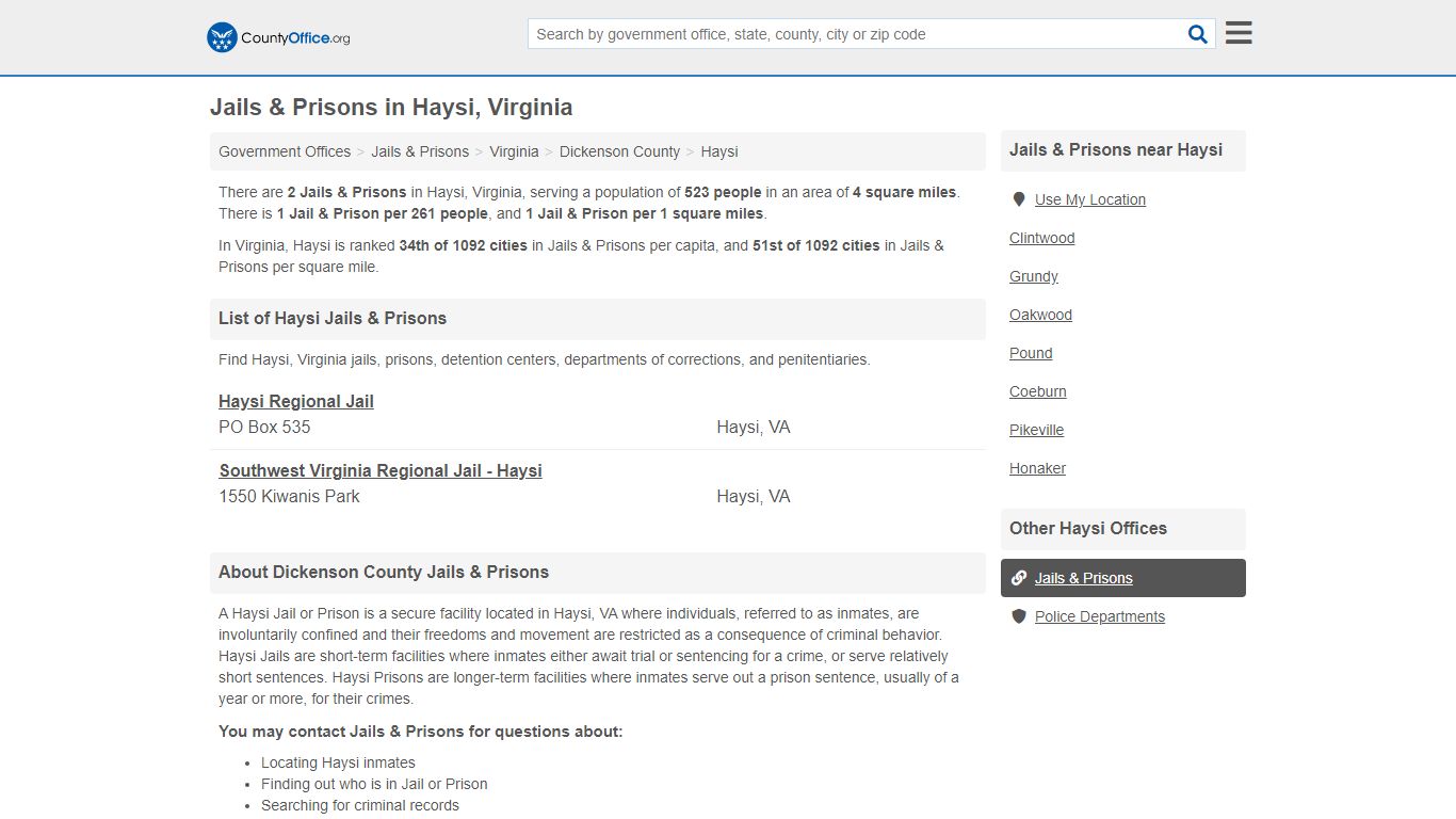 Jails & Prisons - Haysi, VA (Inmate Rosters & Records) - County Office